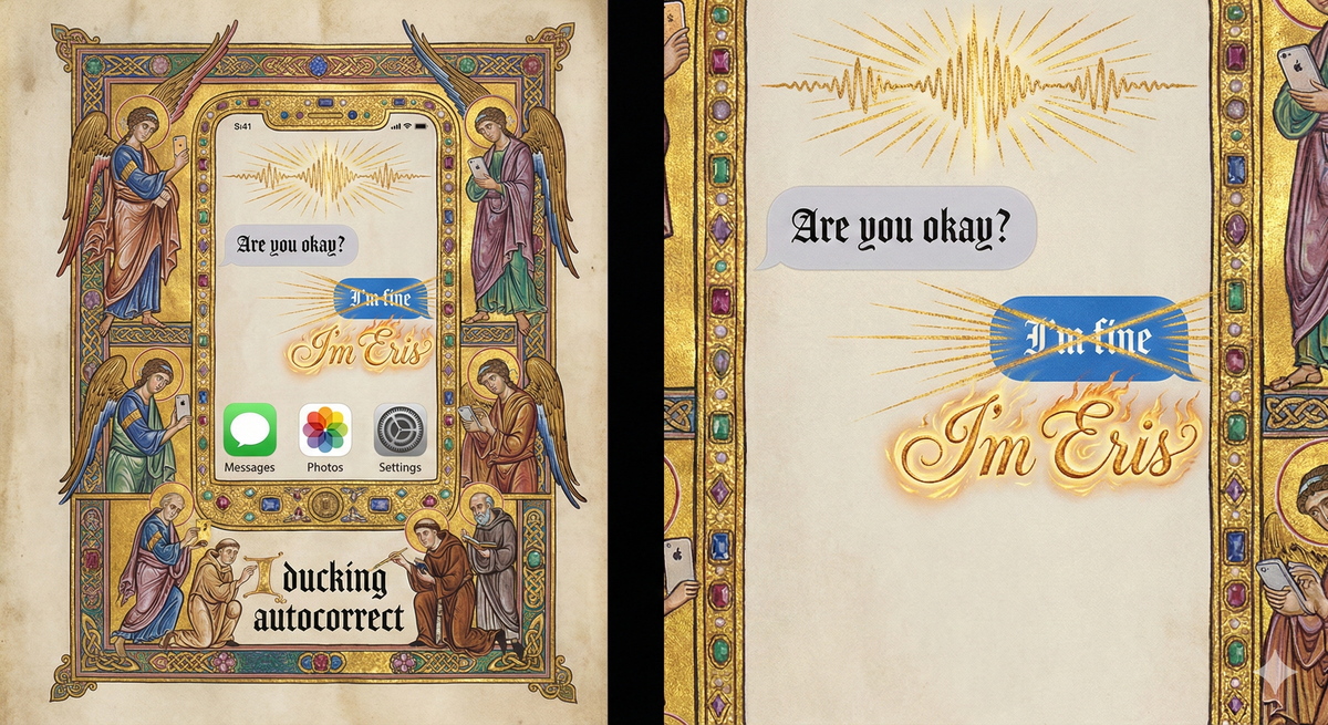 Medieval illuminated manuscript style, but it's screenshots. Ornate golden leaf borders surround iPhone message bubbles. 